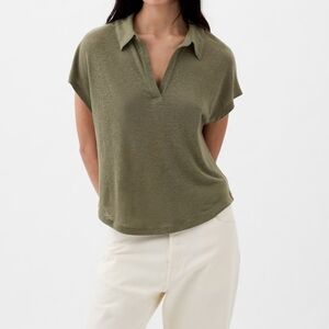Linen-Blend Johnny-Collar Top